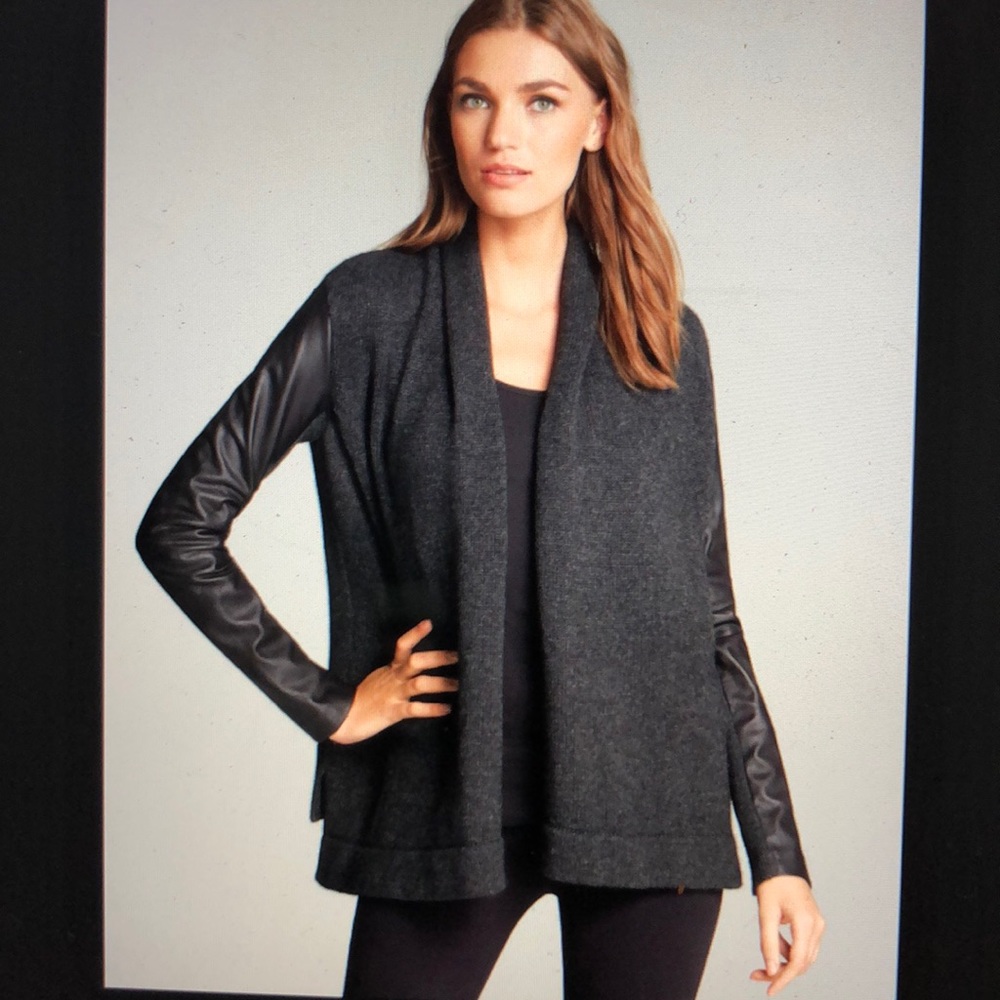 Vince Draped Cardigan w/ Leather Sleeves